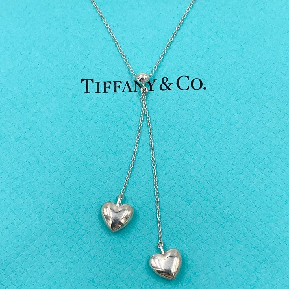 Authentic Tiffany & Co 925 Silver Double Dangling Hearts Pendant Necklace